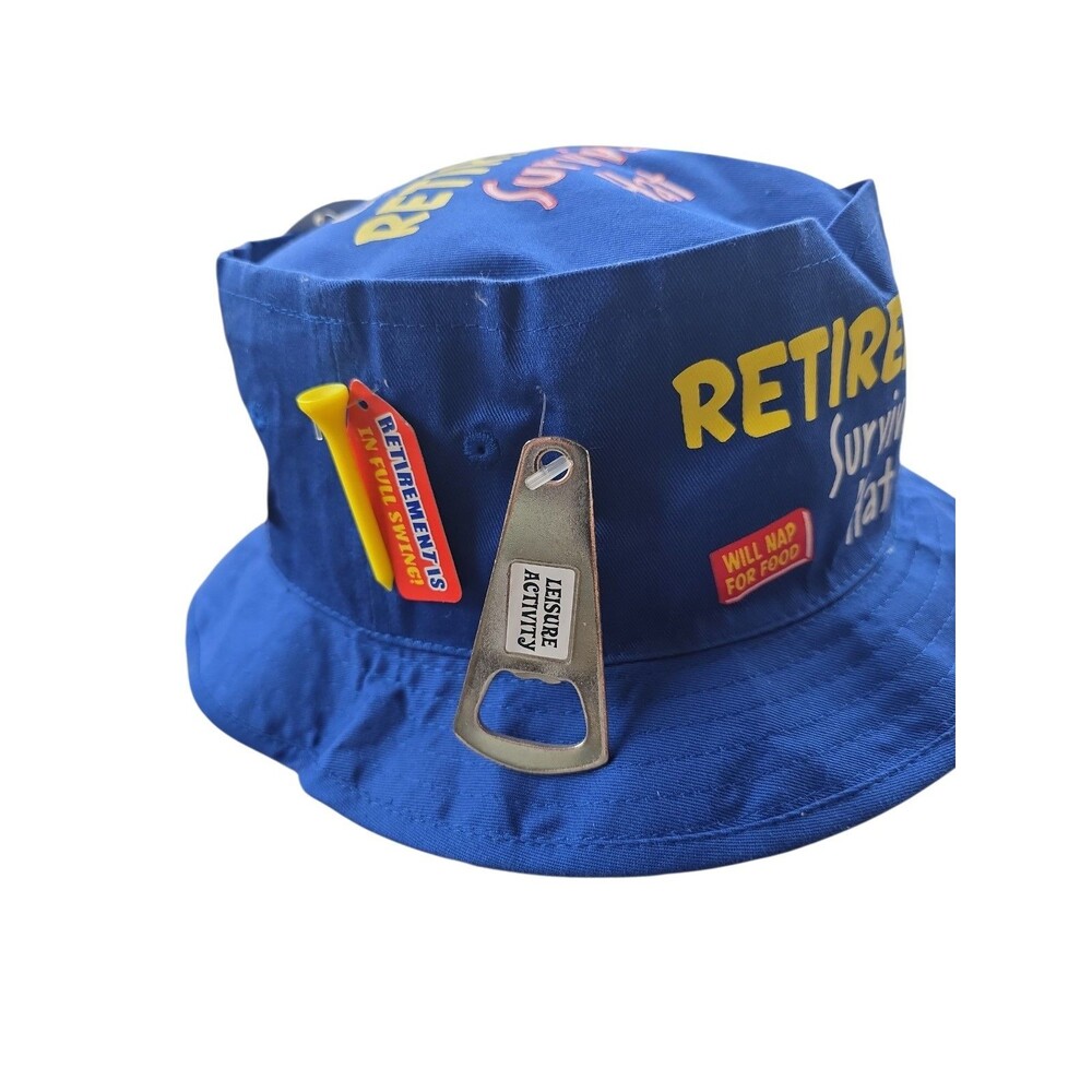 Official Retirement Survival Bucket Hat NWT Blue Fishing Bobber Bottle Opener - Picture 7 of 10